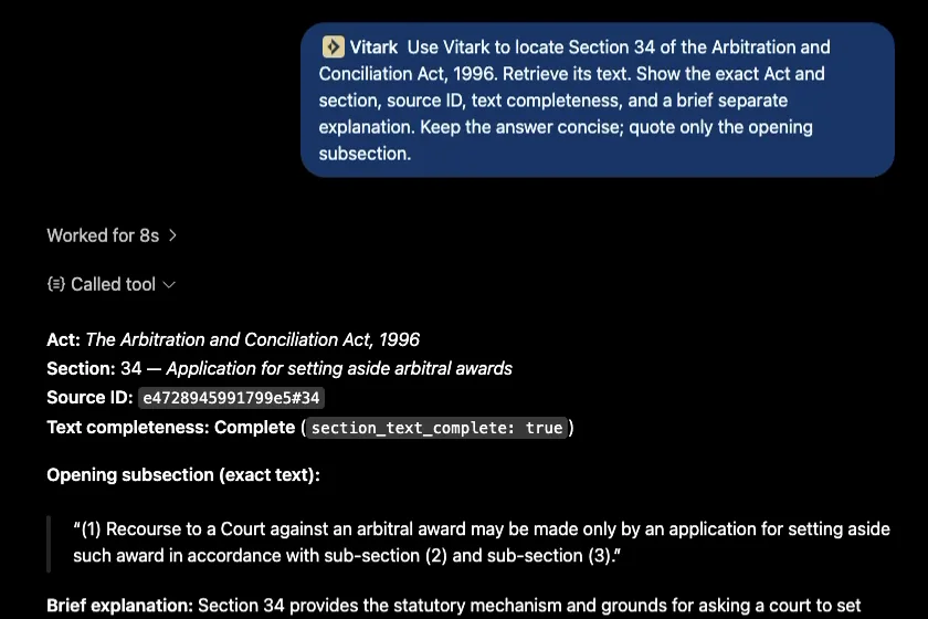 ChatGPT showing the text of a statute section retrieved through Vitark