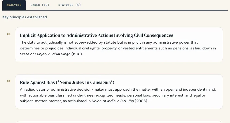 The analysis tab of a Vitark memo listing key principles, each tied to a named Supreme Court case