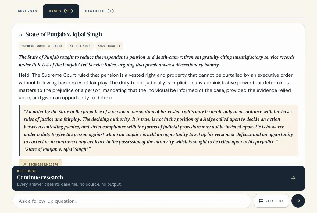 The Cases tab of a memo, showing a judgment with its holding and a quoted passage